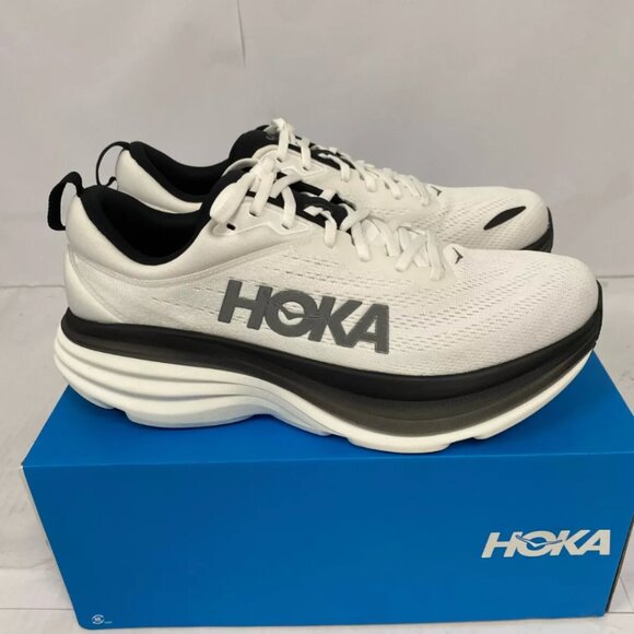 NEW HOKA Men's Bondi 8 Running Shoes Color: White/Black Shoe Width: Medium/D